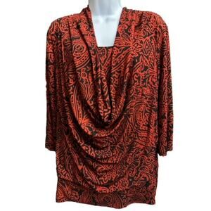 CDW Creative Design Works 1X Top Red Black Layer Scoop Neck Paisley 3/4 Sleeves
